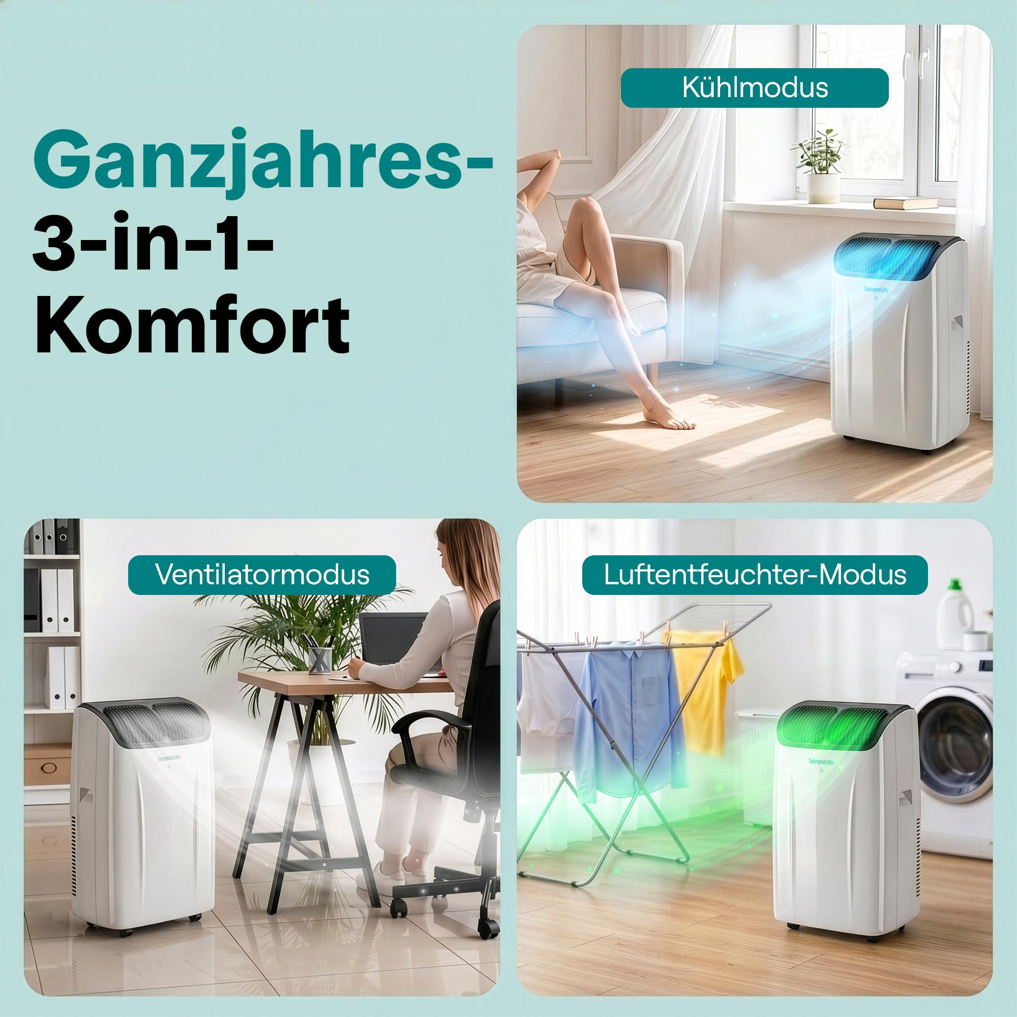SereneLife Klimaanlage Mobil 12.000 BTU mit Heizfunktion – Kleine Klimaanlage für Zimmer bis 32 m² | Kühlen, Heizen, Entfeuchter & Ventilator | 48 dB | Grau