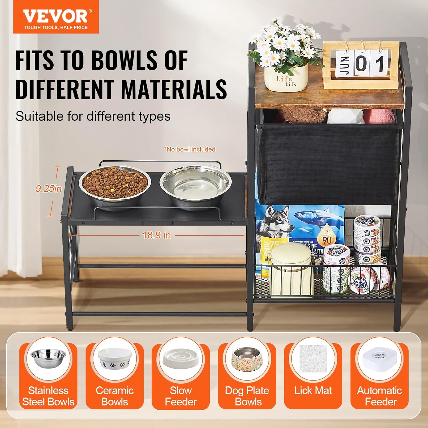 VEVOR Pet Feeding Station with Storage, 4 Height Adjustable Elevated Dog Bowl, Dog Bowls Stand with Toy Bin Basket, Raised Feeding Station Cabinet, Pet Storage Organizer for Large Medium Small Dogs