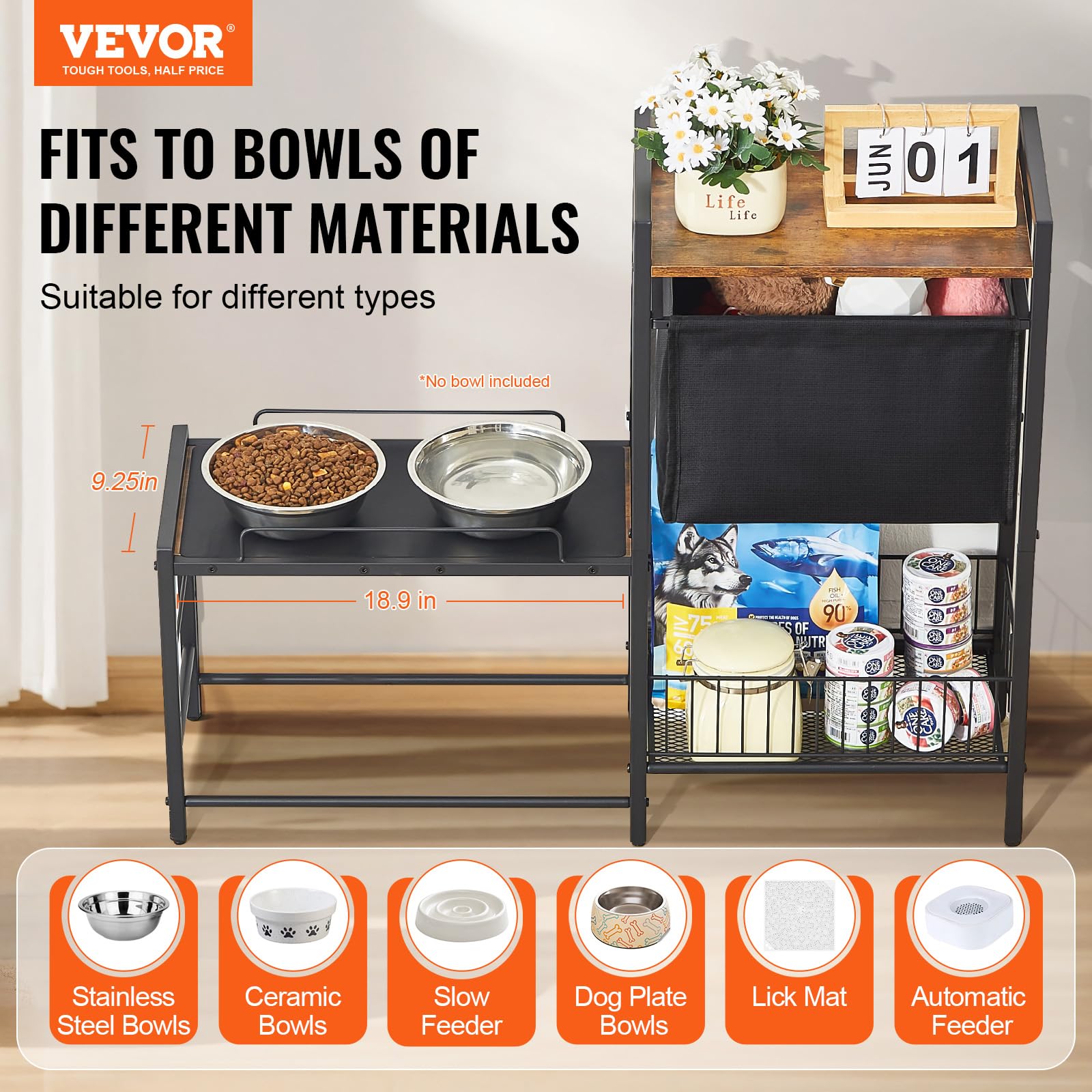 VEVOR Estación de Alimentación 92x27x75 cm Comedero Elevado para Perros Soporte Elevado para Cuencos con Estantes Soporte de Cuenco de Alimentación Barra para Perros Grandes, Medianos, Pequeños