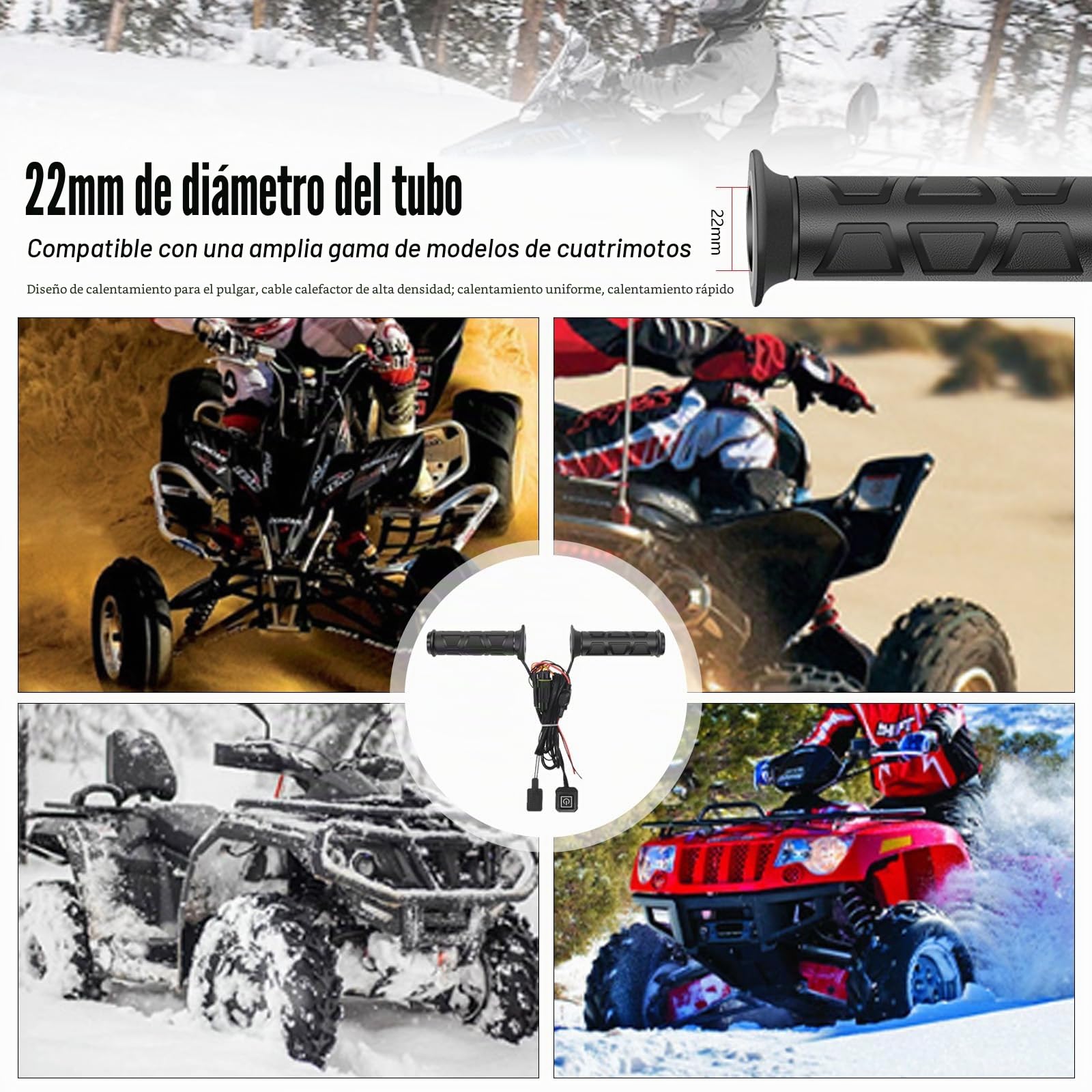 Puños Calefactables, Puños Calefactables ATV de 12 V, Sobregrip Calefactable para Motocicleta Ajustable de 3 Niveles, Puños Calefactables Impermeables con Control de Temperatura Inteligente