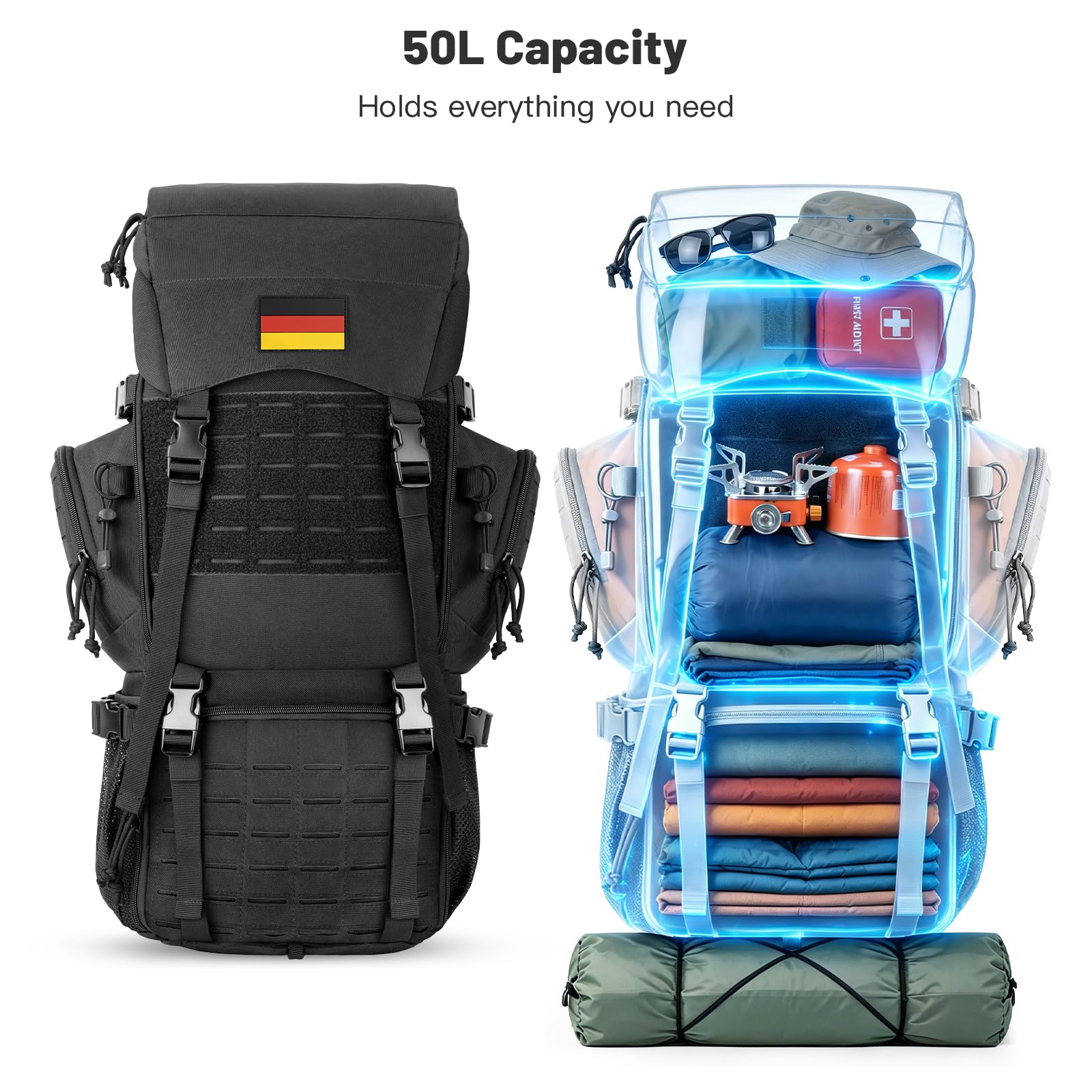 Jueachy Wanderrucksack Rucksack Herren 50L Wasserdicht mit Regenschutz | Reiserucksack Groß Wander Rucksäcke Militär Taktische Molle Rucksack CampingRucksack Travel Backpack Outdoor Trekkingrucksack
