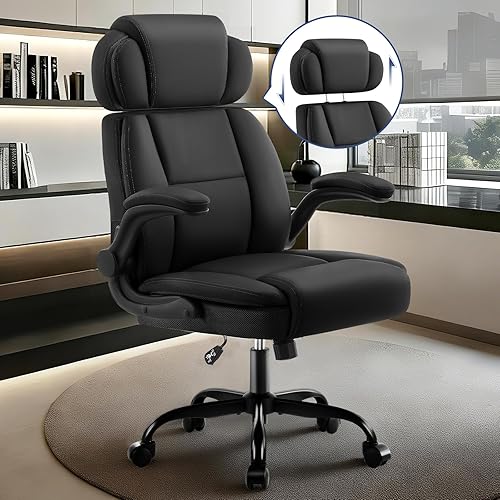 Miniatura 8 de Silla de oficina ergonómica con reposacabezas ajustable, silla de escritorio ejecutiva de piel sintética, reposabrazos abatibles acolchados, soporte