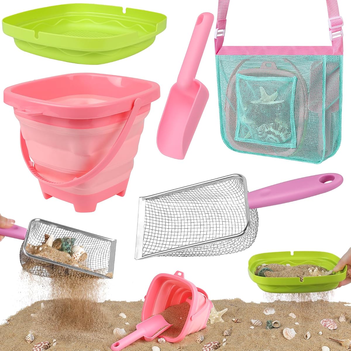 FHOZGECY Beachcombing Treasure Kit with 2 Sifters for Family Beach Vacation | Collapsible Bucket, Stainless Mesh Shovel, Shark Tooth Sifter, Scoop and Mesh Bag for Shelling, Outdoor Play for Kids 3-12