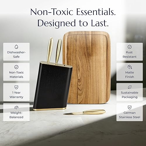 Miniatura 2 de JazzUpCo Juego de cuchillos de cocina alemanes de acero inoxidable con soporte y tabla de cortar de acacia, apto para lavavajillas, cuchillas Tabla