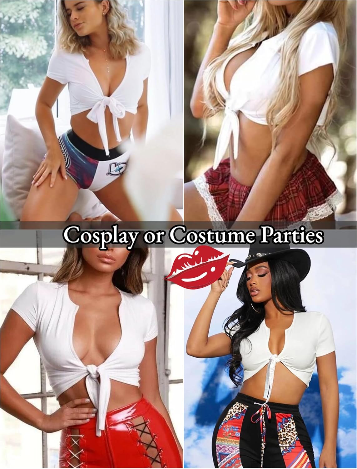 Women's Sexy Tie Up Crop Top Short Sleeve Deep V Neck Casual Basic T Shirt - Image 3