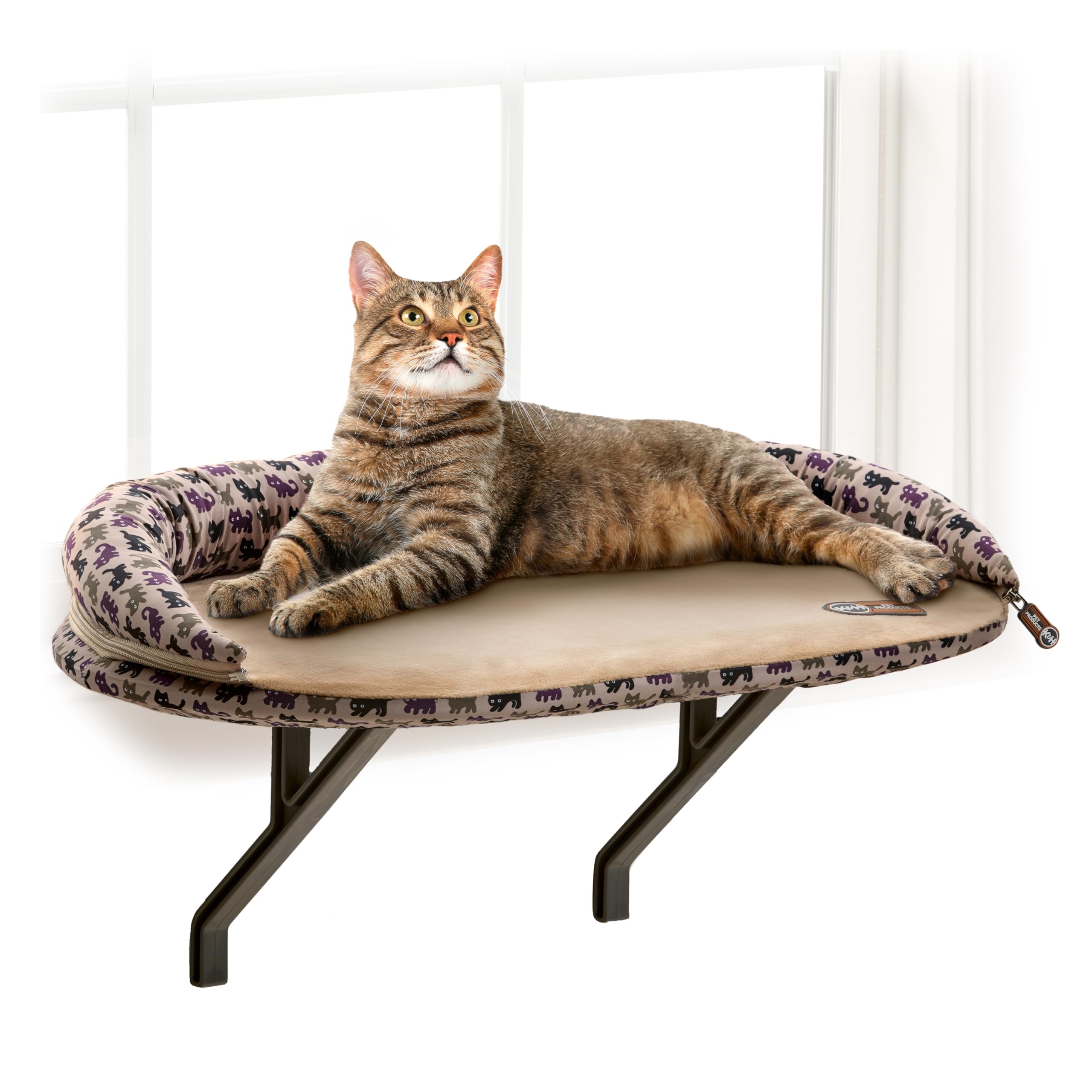 K&H PET PRODUCTS Deluxe Kitten Sill w/Bolster Cat Perch, Cat Hammock Seat - Tan Kitty Print