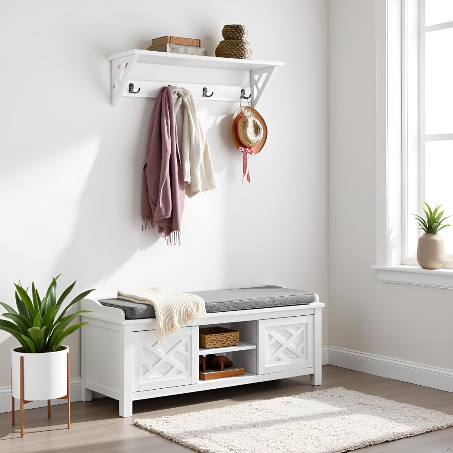 Coventry Hall Tree Coat Rack and Bench Set – White Modern Entryway Storage with 4 Double Hooks, Light Gray Seat Cushion, 3 Cubbies with Sliding Doors and Adjustable Shelves by Alaterre Furniture