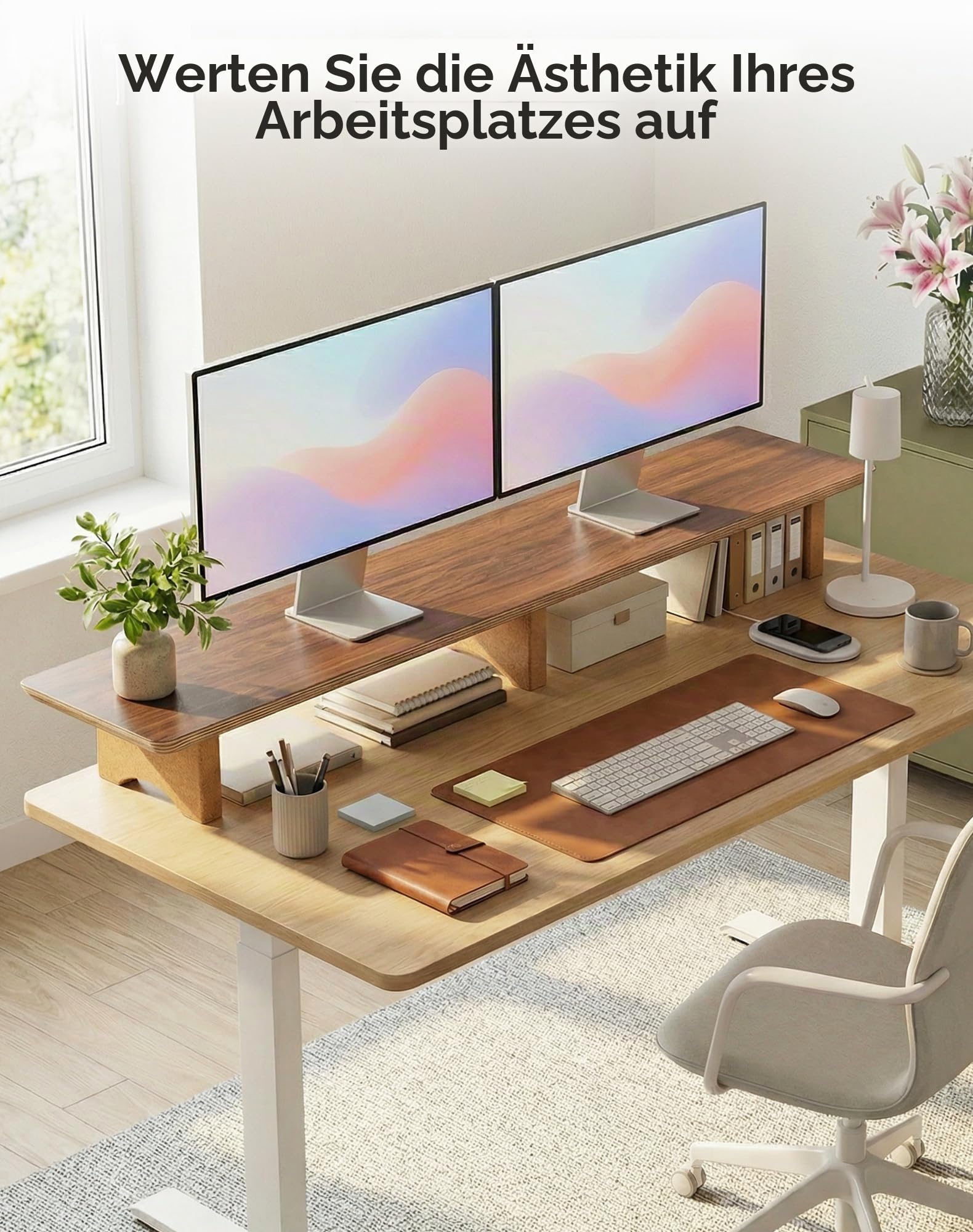 Aothia Massivholz Doppel Monitorständer mit 3 Korkfüßen Walnuss Groß | Massivholz Monitorständer, passend für 2 Monitore, 3 stabile Korkfüße, kein Billig-Spanplatten, robust für Büro & Heim