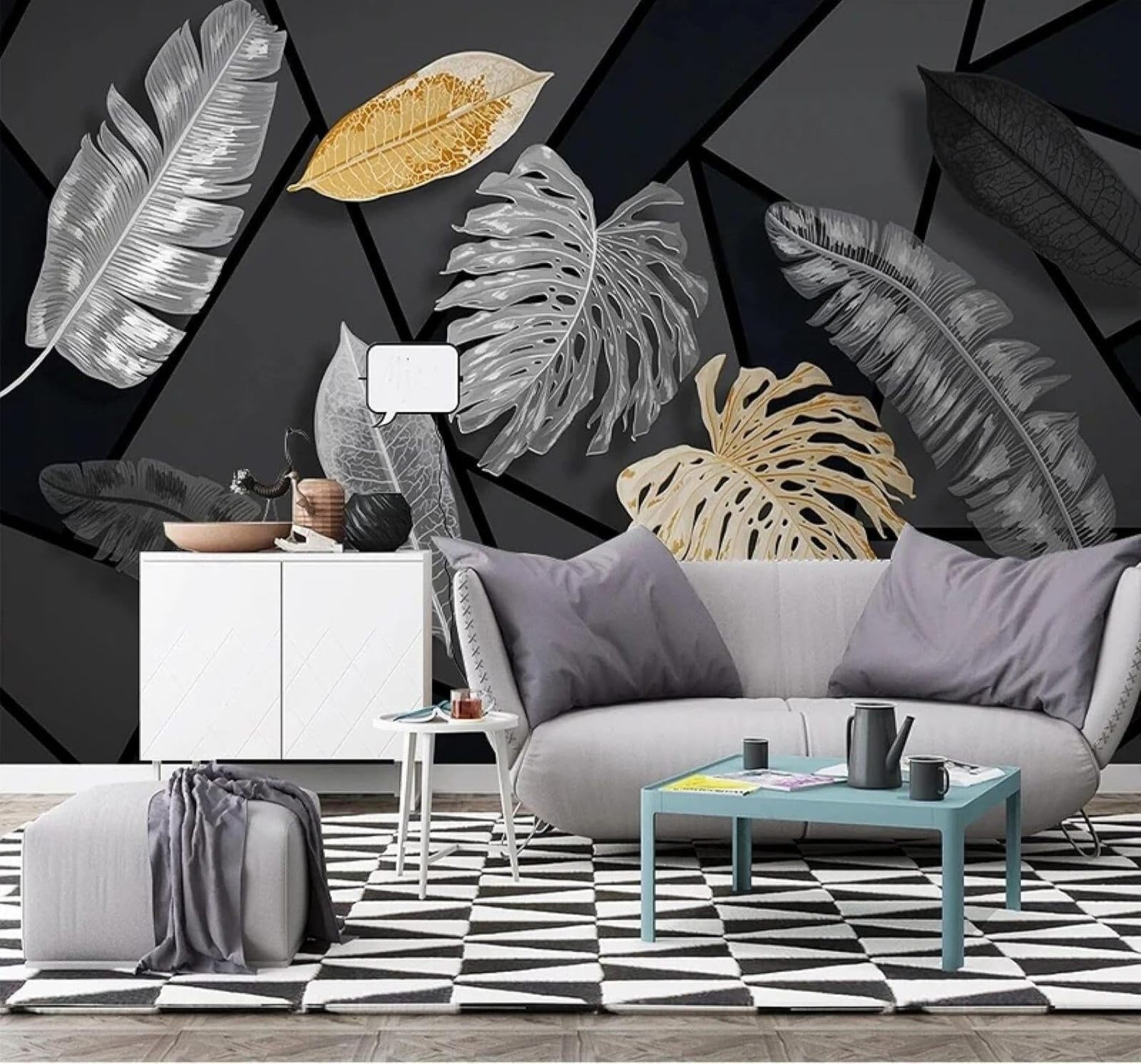 Xlming 250Cm×170Cm(B×H) Creative Gold Grey Leaves Geometric 3D Wallpaper Luxury Home Dining Decor Paste Sofa Living Room The Wall For Bedroom Mural-250Cm×170Cm