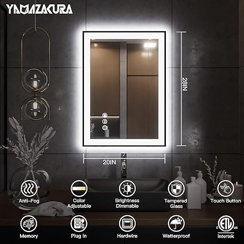 Miniatura 2 de Yamazakura Espejo de baño LED de 20 x 28 pulgadas con retroiluminación y luz frontal, espejo iluminado regulable, marco para pared, antivaho