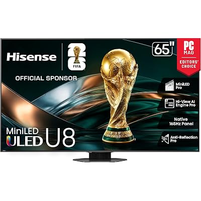 Hisense 65" U8 Series ULED Mini-LED 4K UHD Smart Google TV (65U8QG) - QLED, Native 165Hz, VRR 288, Up to LD5600, 5000 Nits, HDR10+, Dolby Vision IQ · Atmos, IMAX Enhanced, 4.1.2 Ch Audio