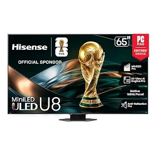 Hisense 65" U8 Series ULED Mini-LED 4K UHD Smart Google TV (65U8QG) - QLED, Native 165Hz, VRR 288, Up to LD5600, 5000 Nits, HDR10+, Dolby Vision IQ · Atmos, IMAX Enhanced, 4.1.2 Ch Audio - Amazon product rated Grade A