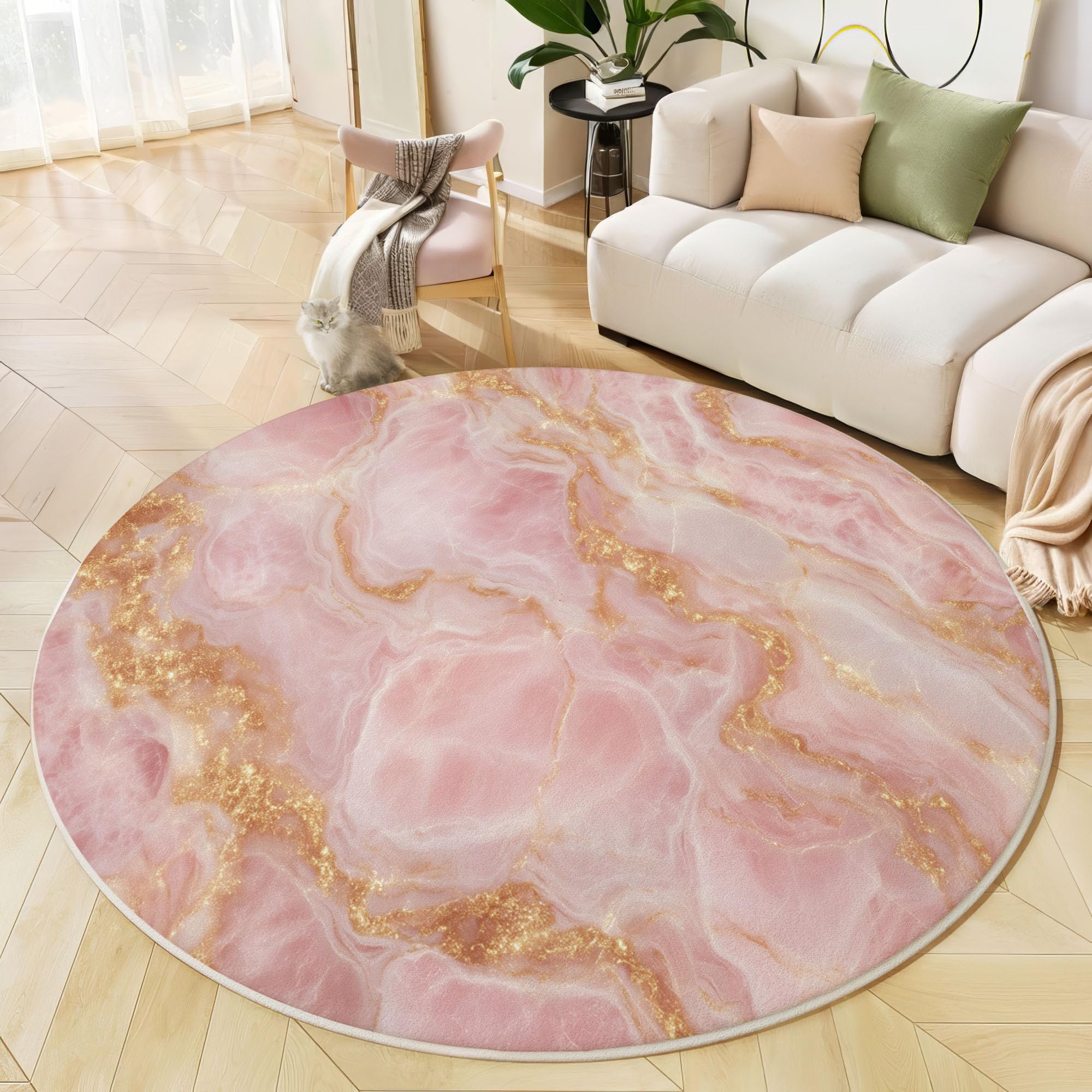 Tapis de chambre enfant et salon rose blush marbre abstrait rond