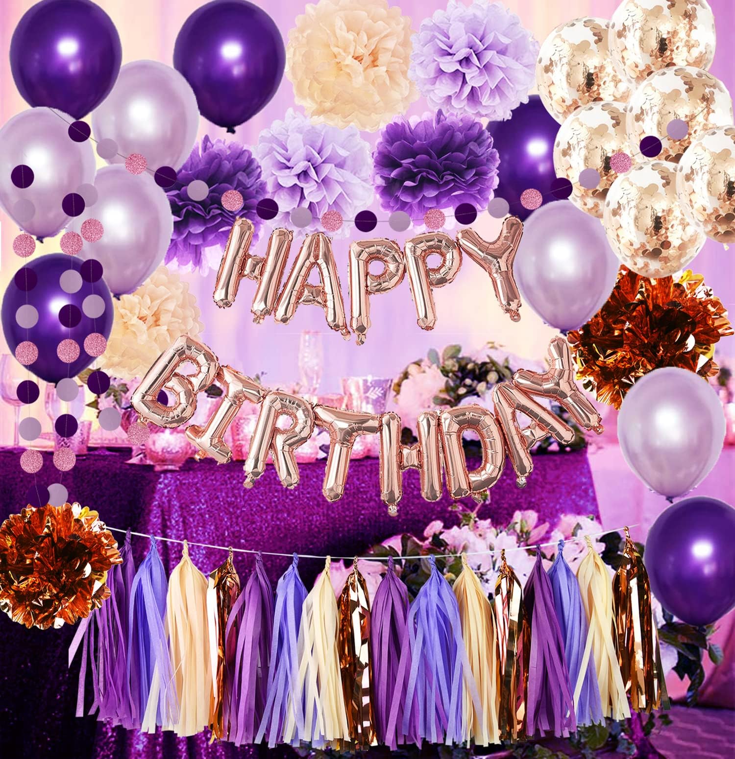 Purple Rose Gold Birthday Decorations for Women Purple Champagne Rose Gold Happy Birthday Balloons Women's 40th/50th/60th