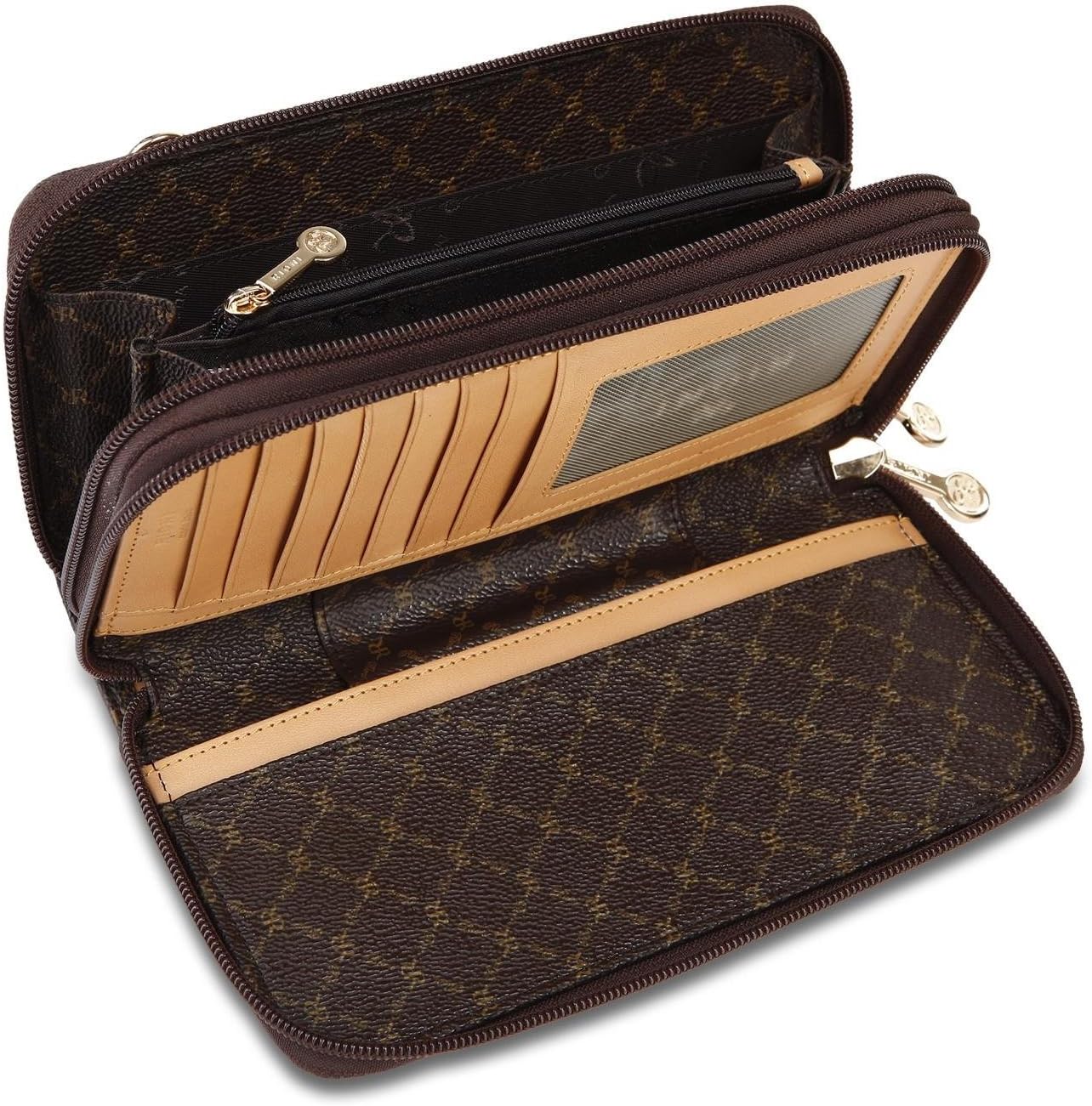 Rioni Dual Zip Wallet Organizer Signature Brown w/ Italian Leather, ST-W020, New