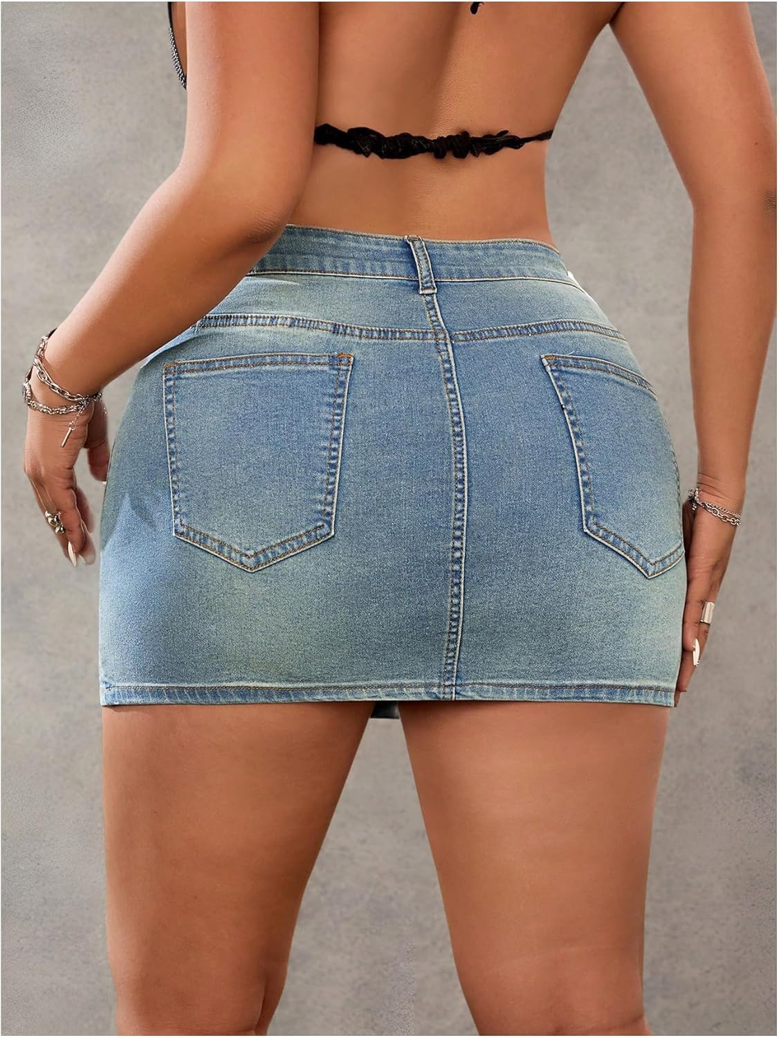 MakeMeChic Women's Plus Size Bodycon Denim Mini Skirt Rhinestone High Waisted Summer Y2K Jean Skirts