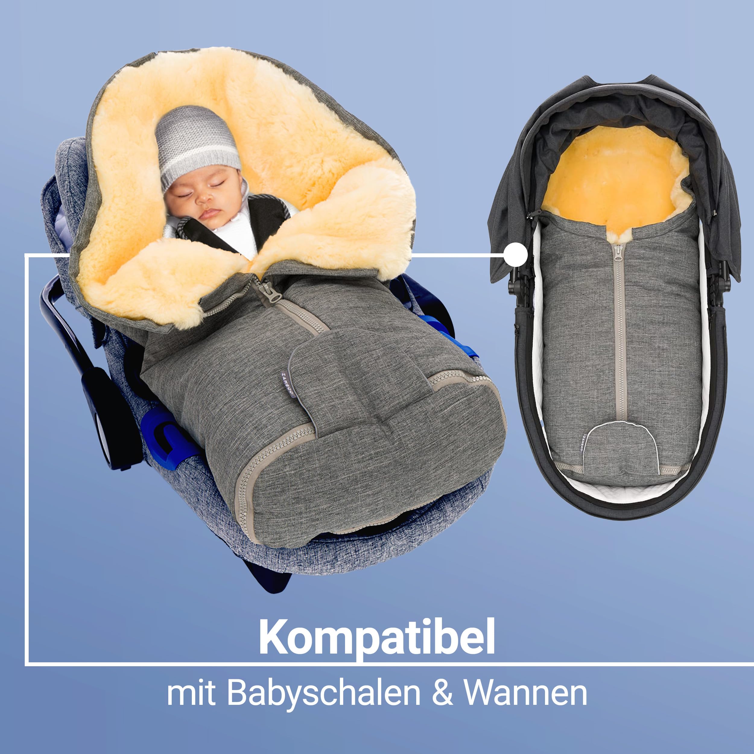 Zamboo Lammfell Fußsack für Babyschale und Kinderwagen Wanne - Universal Baby Winterfußsack aus Merino Lammwolle, für 3 Punkt und 5 Punkte Gurte - Grau | Universal Baby Winterfußsack aus Merino Lammwolle, für 3 Punkt und 5 Punkte Gurte