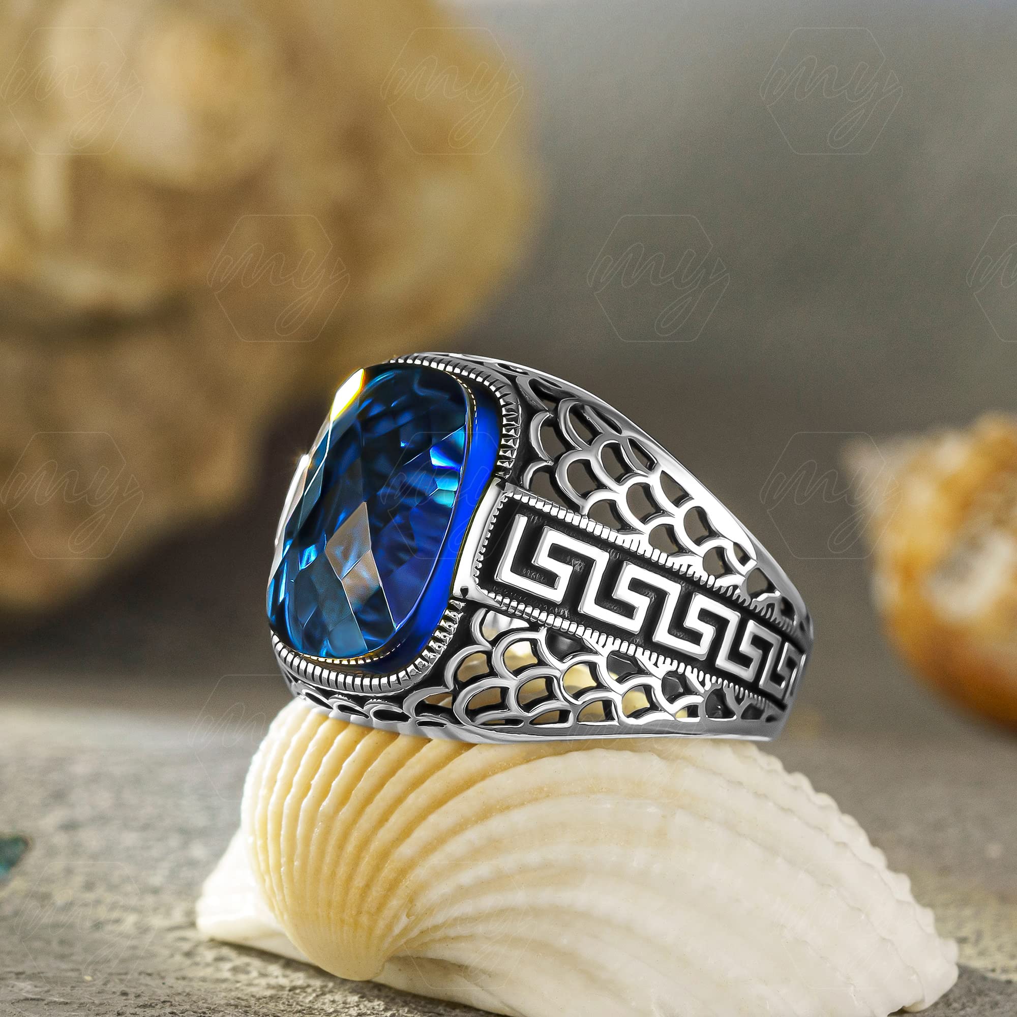 Türkischer Herrenring aus 925er Sterlingsilber, kundenspezifischer Schnitt, blauer Zirkonia-Stein