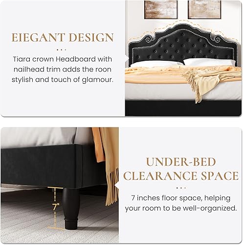Miniatura 7 de SHA CERLIN Base de cama Queen con cabecera ajustable, tapizado de terciopelo, botón de diamante y tachuelas de metal, no necesita somier, soporte de