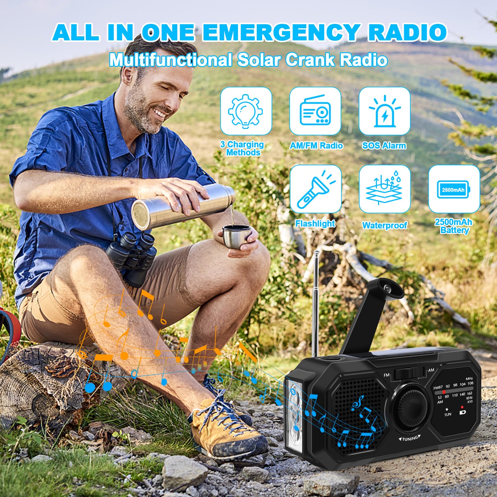 Radio a Manovella Radio Energia Solare di Emergenza Radio Solare FM/AM Radiolina a Manovella Dinamo con Batteria Ricaricabile da 2500 mAh/Allarme SOS e Torci Radio Solare Piccola per Casa e All'aperto