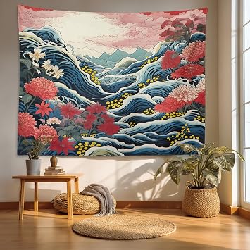 Batmerry Big Waves Flowers Tapestry, Vibrant Scene With Waves Blooms Wall Art Hanging Decoration Polyester Fiber White Ruffled Around for Dorm Room Bedroom Living Room, 30 x 40 inches