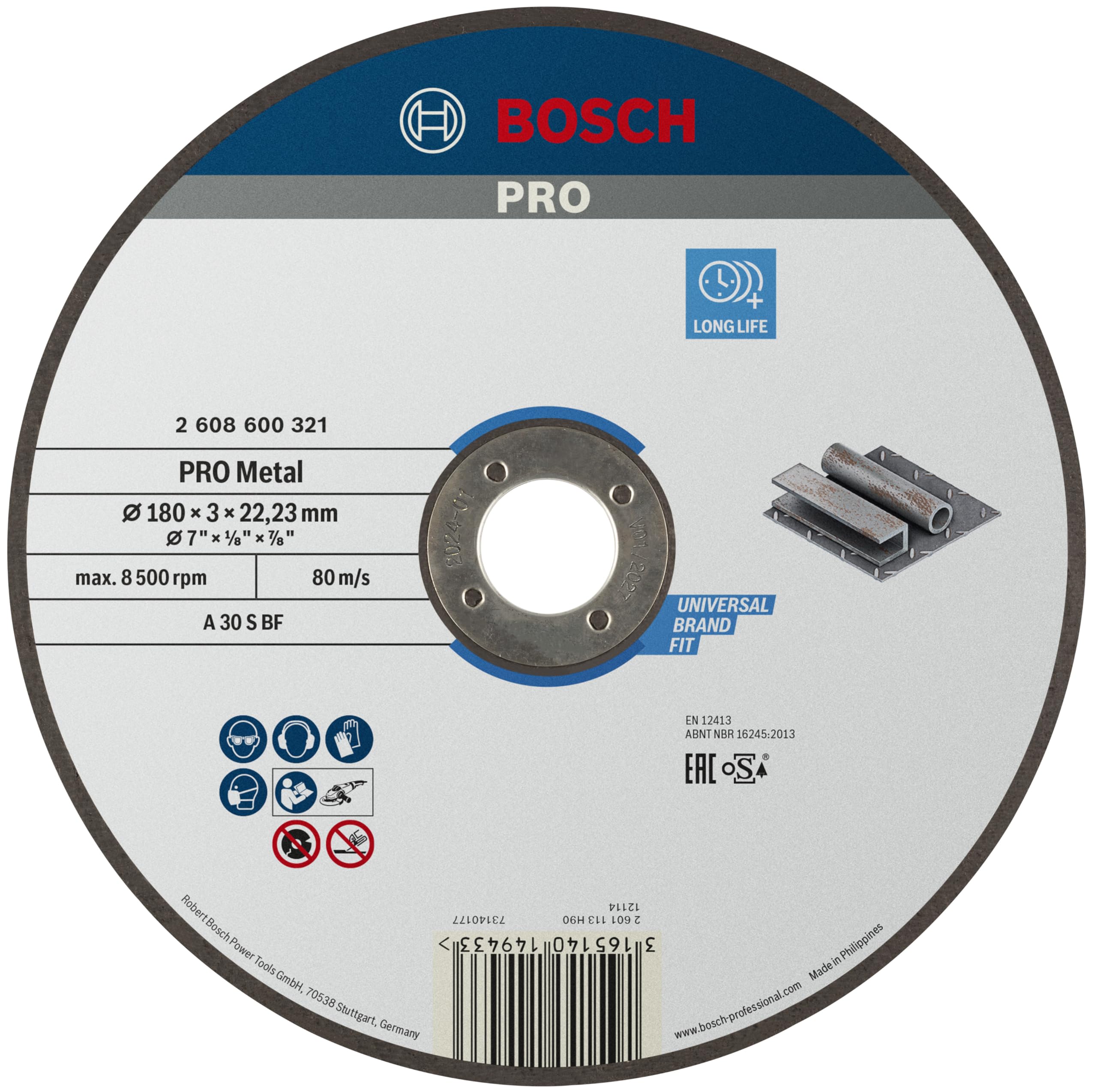 Bosch 1x PRO Metal Longlife Cutting Disc for Large Angle Grinder and Bore 22.23 mm (for Steel, Ø 180 mm, Professional Accessory Large Angle Grinder)