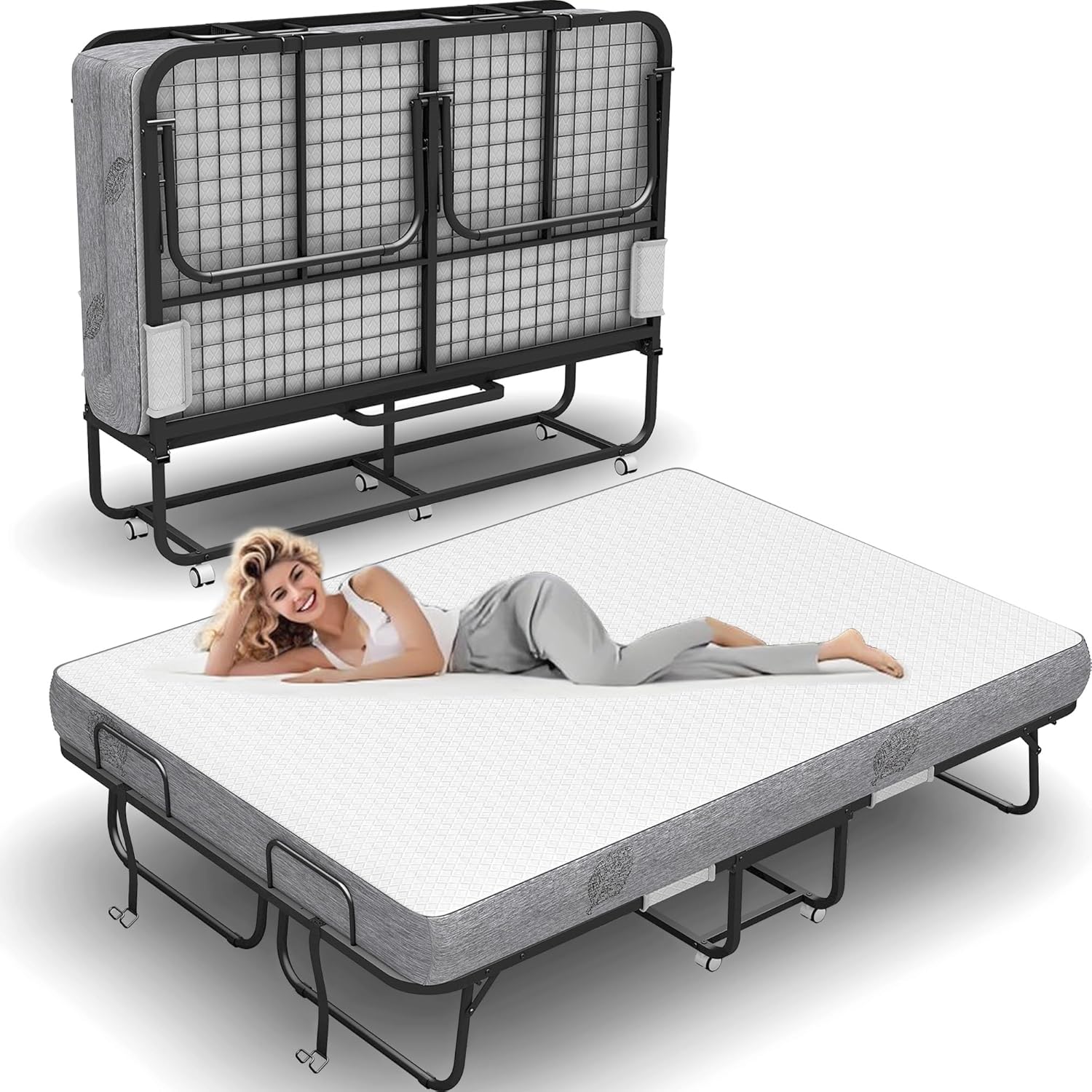 Folding Bed with Mattress for Adults 75" x 46" with 5" Memory Foam Mattress Portable Foldable Folded Extra Guest Bed XL Twin Size Lockable Wheels Space-Saving Sturdy Metal Frame