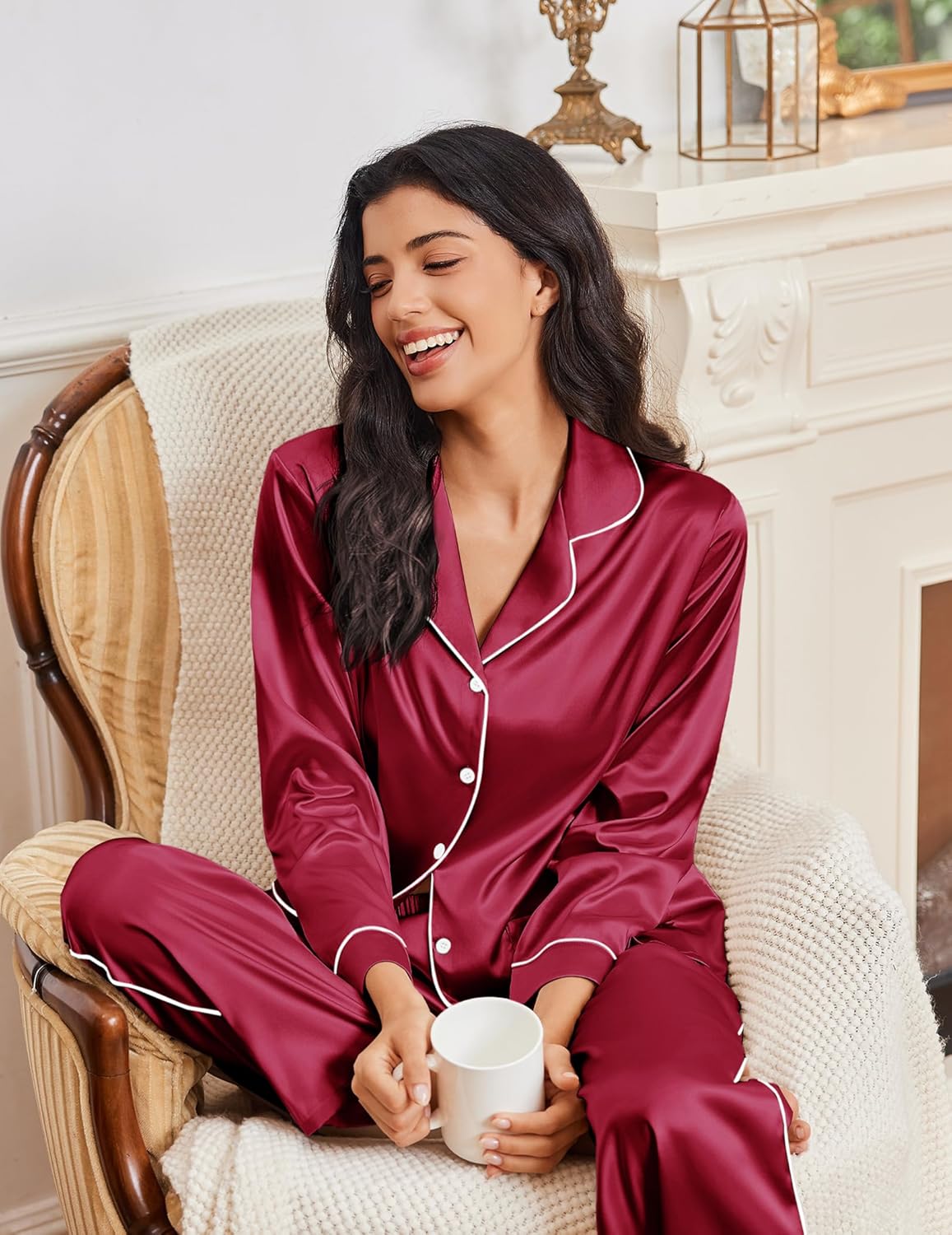 Ekouaer Womens Pajama Sets Satin Silk Pjs Classic Button Down Sleepwear Soft Long Sleeve Lounge Sets - Image 4