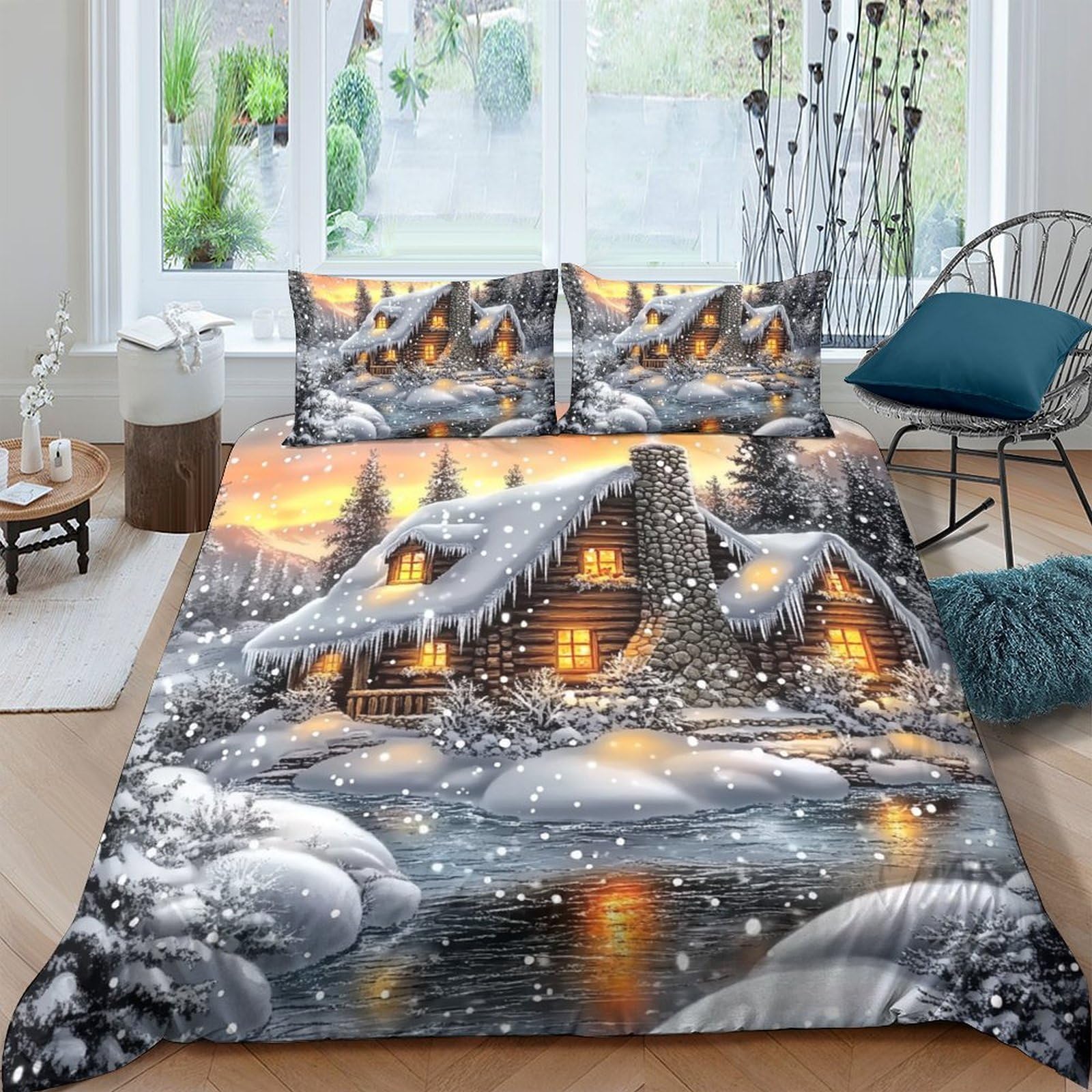 Ctjqhvkz Style-10 3D Printed Winter Snow Cottage Fitted Sheet Microfiber Soft Scenic Night Mattress Cover For Bedroom Guest Room Decor Single（135X200cm）