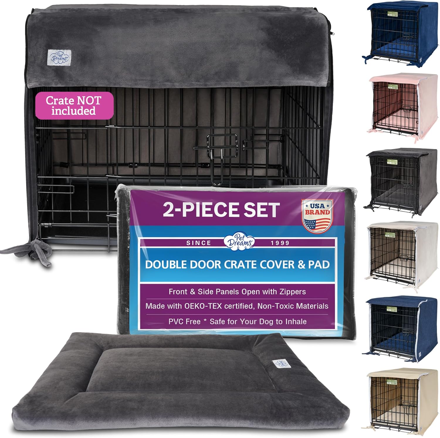Pet Dreams Dog Crate Cover & Mat- Breathable Non-Toxic Kennel Topper for Double-Door Crates, Fits iCrate Dog Cages 18, 24, 30, 36, 42, 48 Inches (Grey, X-Small, 18“)