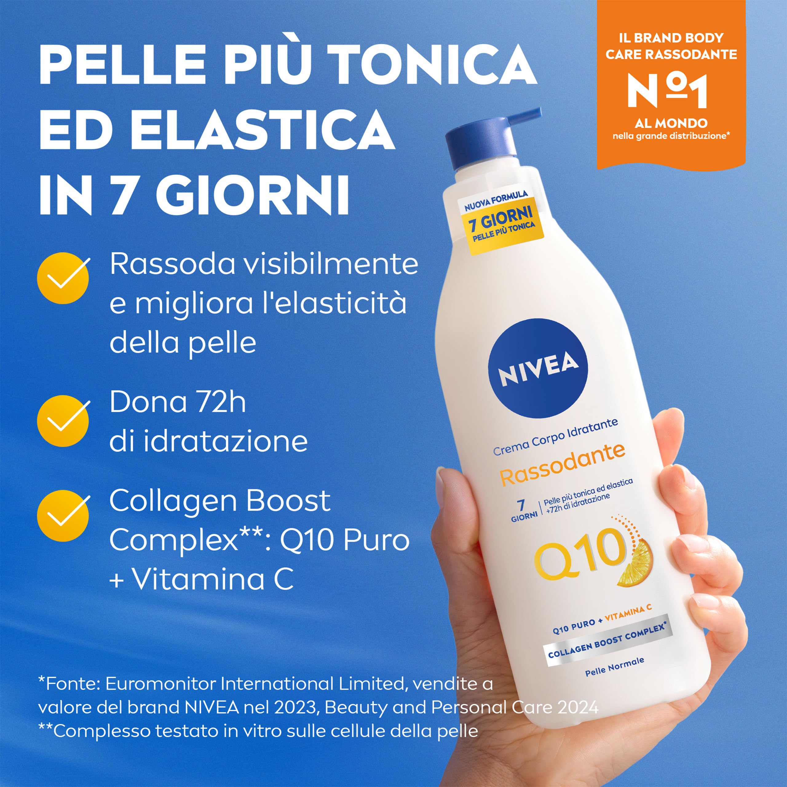 NIVEA Q10 Crema Corpo Idratante Rassodante 400 ml, Crema rassodante corpo con Coenzima Q10 Puro e Vitamina C, Crema idratante corpo 72h per pelli normali per una pelle più tonica ed elastica