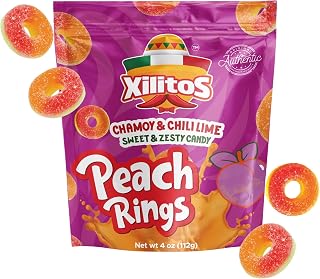 Mexican Candy Peach Rings Chamoy Candy Gummies, 4 oz. Spicy, Sweet & Zesty Gummy Peach Rings with Chamoy Chili Lime, Unique Mexican Snack for Spicy Sweets Lovers, Gluten-Free, Xilitos by Cosmic Freeze