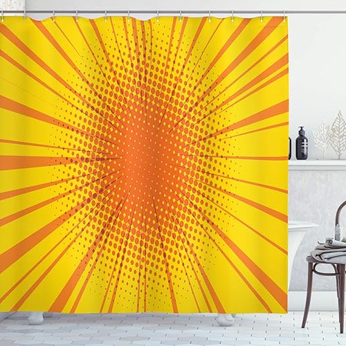 Ambesonne Cortina de ducha amarilla vintage, diseño de cómic y arte pop, diseño de explosión de sol con efecto de medio tono, juego de decoración de