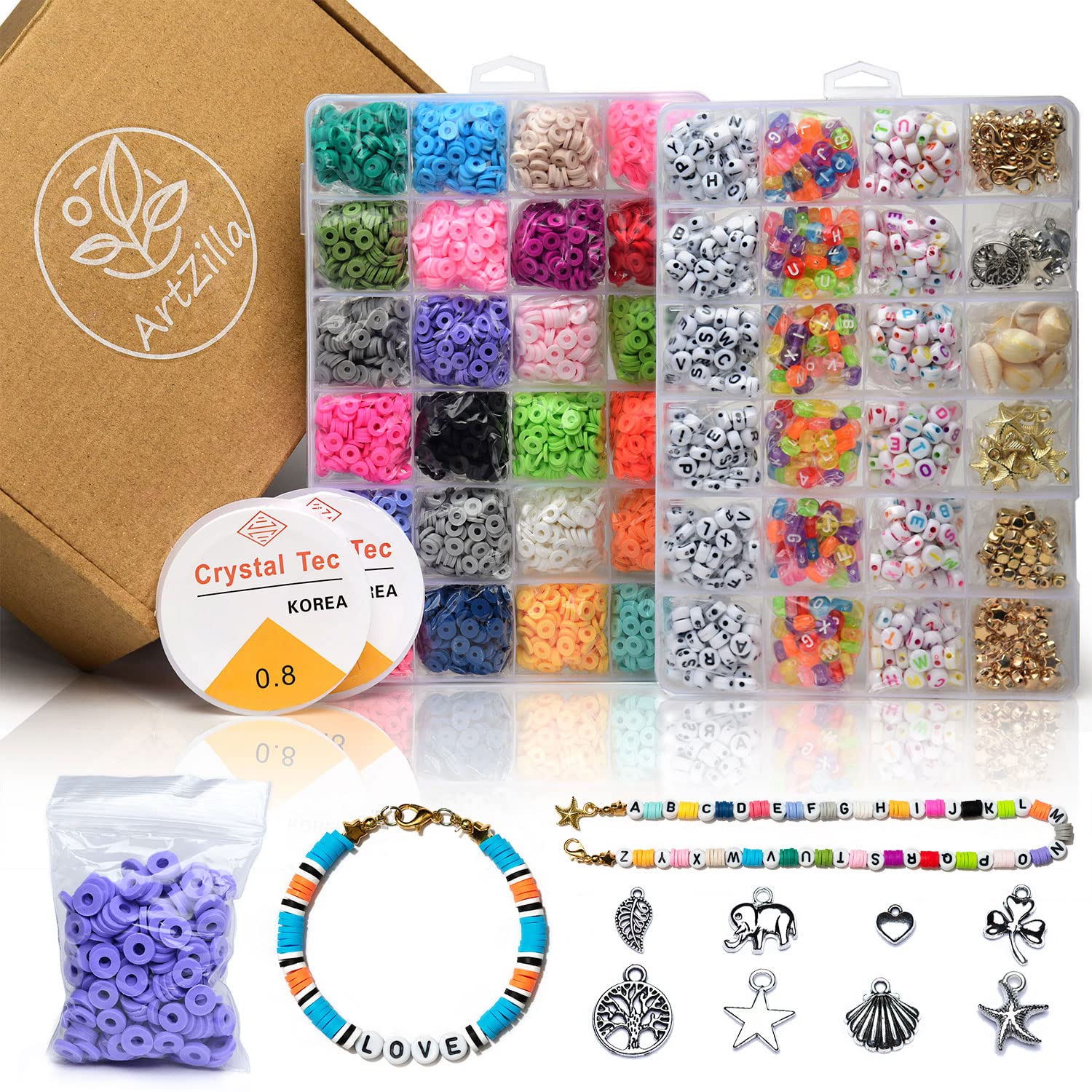 Amazon.com: 7200 Pcs Polymer Clay Preppy Beads and Full Alphabet Letter  Beads in Small Poly Bags for Bracelets Making Kit - 24 Colors 6mm Flat  Polymer Clay Heishi Beads with Elastic String -