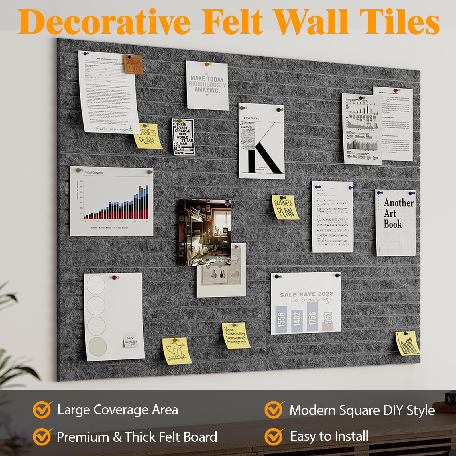 120x90cm Große Filz Pinnwand Selbstklebend: 12 Stück Streifen Filzboard mit Abziehbar Klebeband Dekorative Pinwand für Büro, Küche, Kinderzimmer als Memoboard, Fotowand, Korkwand Alternative