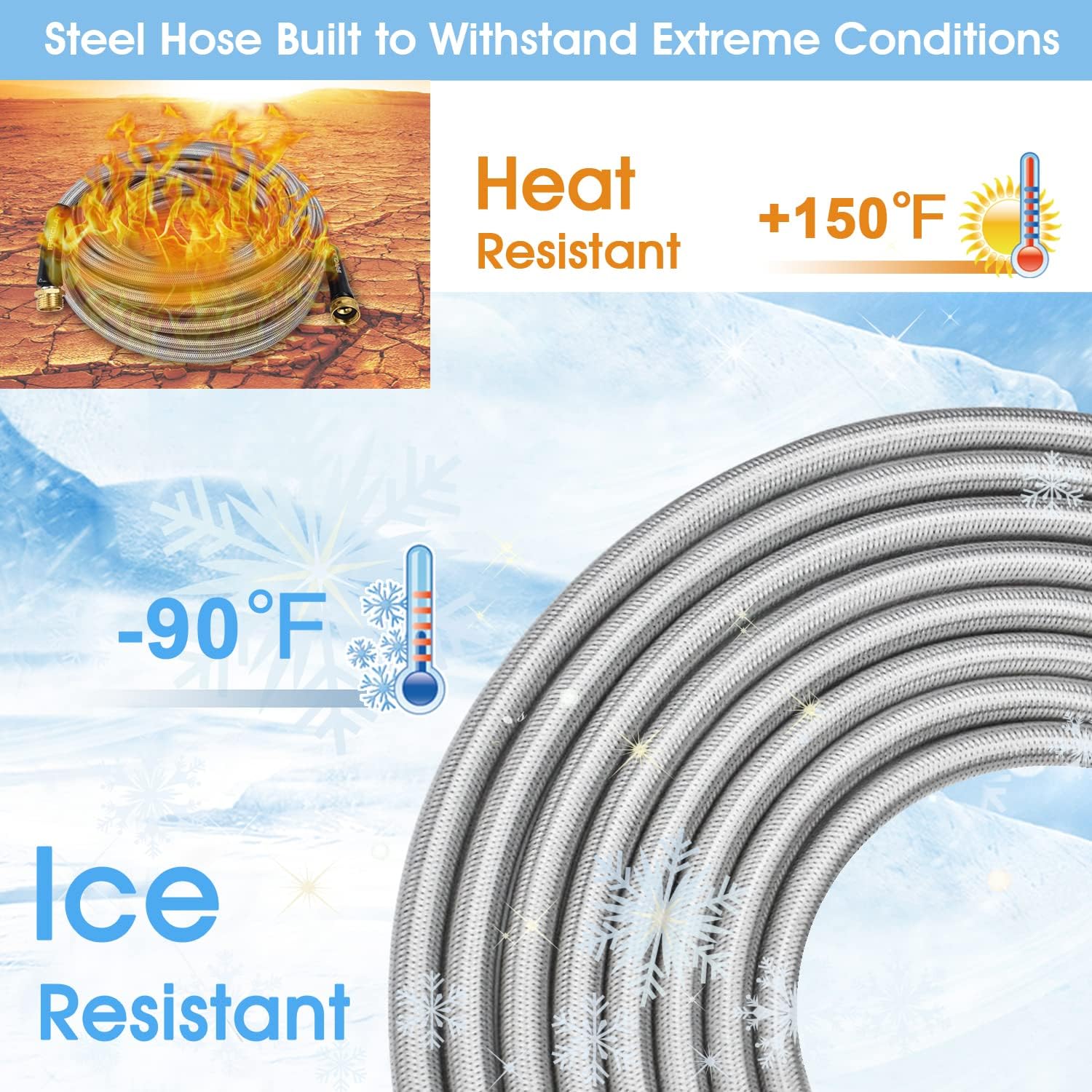 Garden Hose 304 Stainless Steel Metal Braided Hose, Lightweight, Kink-Free, Tough, Flexible Water Hose, Rust Proof, Puncture, Portable, 1/2" Aircraft Grade Aluminum Alloy Connector, 50FT