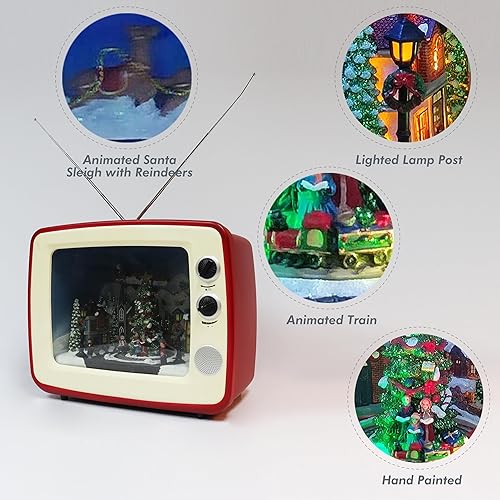 Miniatura 2 de MOMENTS IN TIME Decoración navideña de TV retro animada roja con luz LED, escena navideña con trineo de Papá Noel y obras de tren, 8 canciones