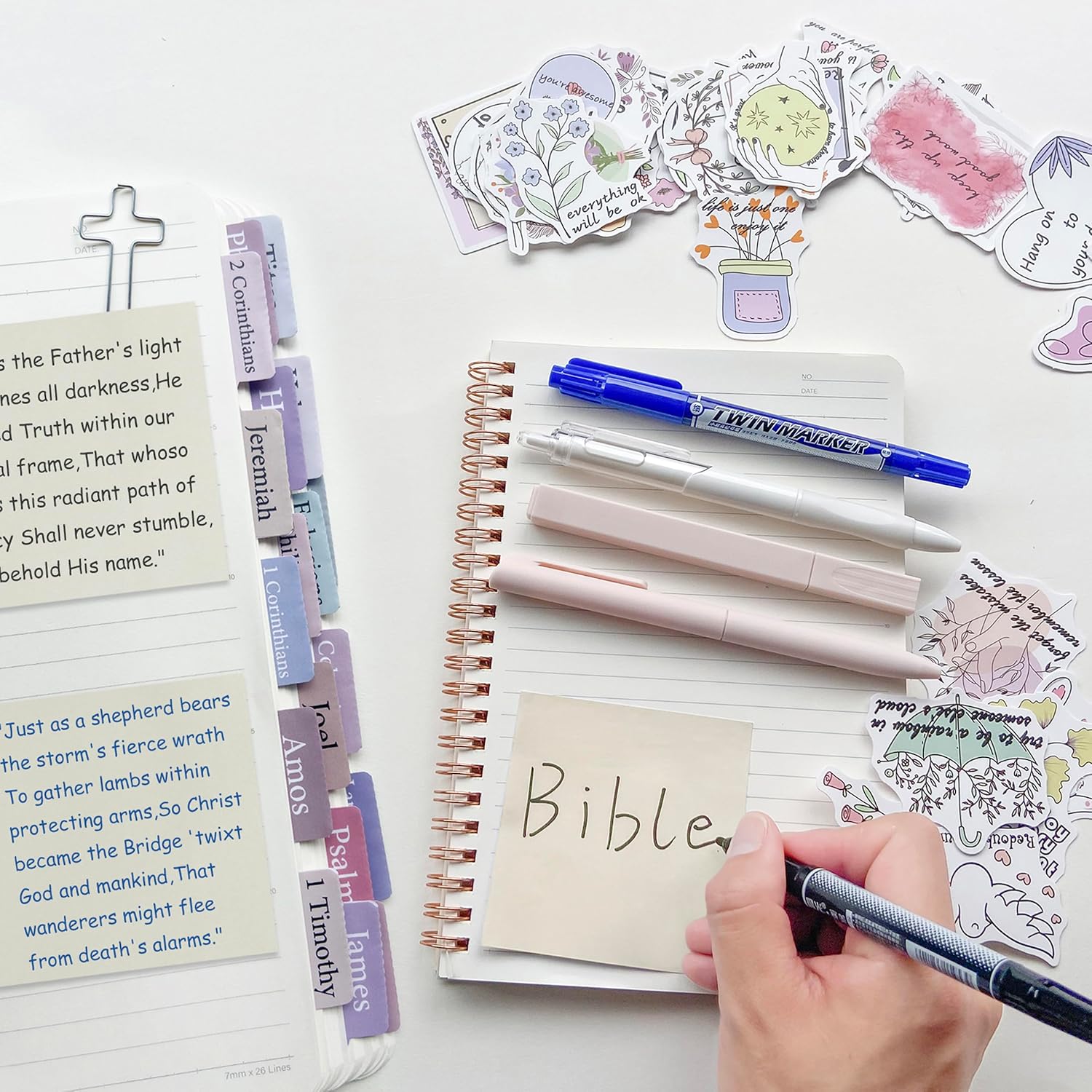 J6&H6 170Pcs Complete Bible Study Supplies Journaling Kit with Tabs, Highlighters and Color Pens, Notebook,Stickers & More Bible Accessories Set for Women, Beginner Christian Gifts(Lvory White) thumbnail