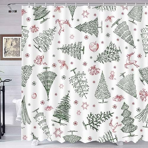 Miniatura 2 de Cortina de ducha con diseño de copos de nieve de invierno, cortina de ducha para baño, campanas de ciervos de Navidad, decoración de baño,