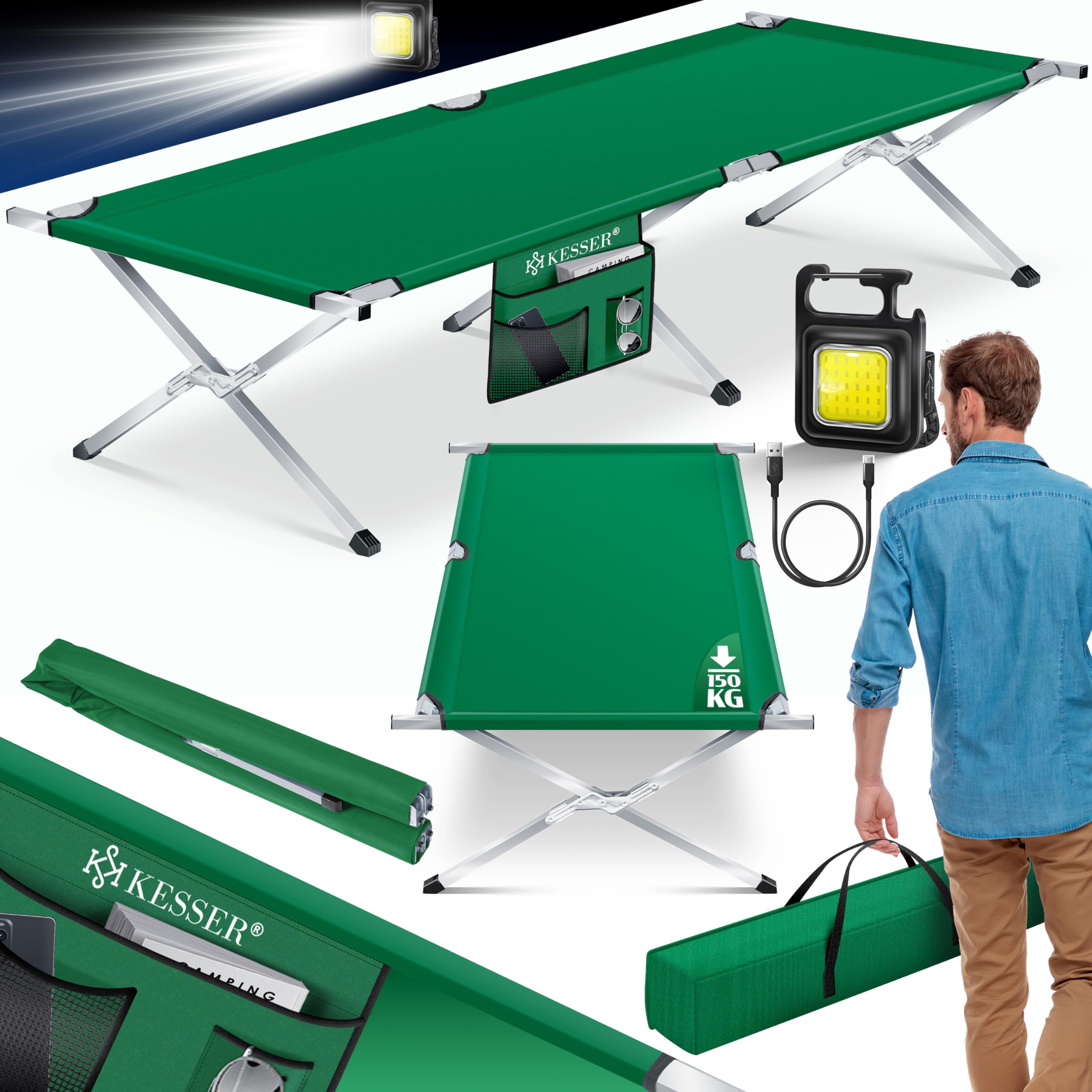 KESSER® Cama de Camping Plegable Resistente con Bolsa de Transporte, Bolsillo Lateral y Luz de Camping | 190x73x45cm hasta 150 kg Tubo de Metal | Tela Oxford 600D Portátil Cómoda | Verde