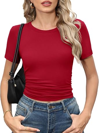 Womens Summer Tops Short Sleeve Ruched Slim Fit Basic T-Shirts for Daily Wear Y2K Style