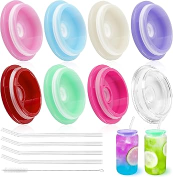 Joyclub 8 Pack Acrylic Lids and Glass Straws with Straw Brush Fit for 16oz Glass Cups with Lids and Straws, Replacement Lids for Can Shaped Iced Coffee Cups Cute Tumbler Drinking Jars