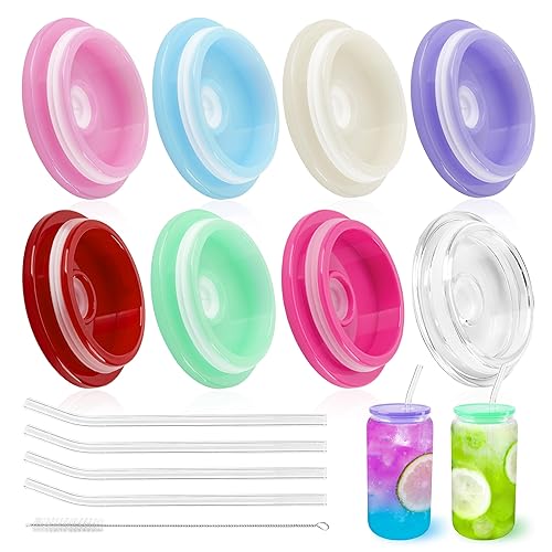 Joyclub 8 Pack Acrylic Lids and Glass Straws with Straw Brush Fit for 16oz Glass Cups with Lids and Straws, Replacement Lids for Can Shaped Iced Coffee Cups Cute Tumbler Drinking Jars