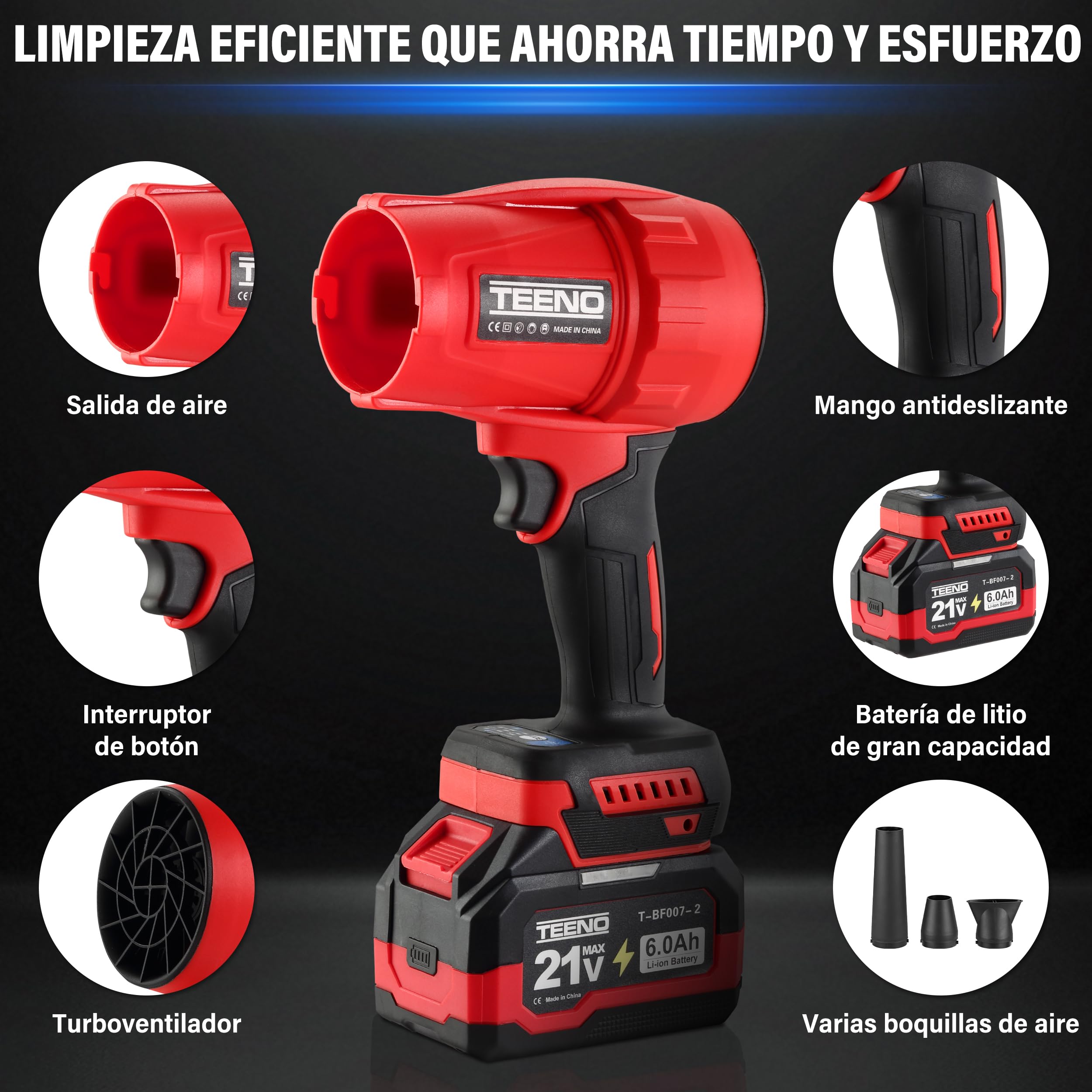 Soplador de hojas inalámbrico TEENO, 35000 RPM 2 x 6,0 Ah baterías, cargador y 3 boquillas incluidas, tres modos de velocidad, compatible con baterías Makita, ideal para terraza, callejones y jardín