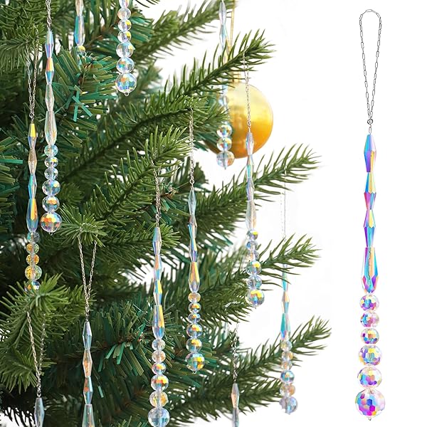 LUMITI 12pcs Crystal Icicle Christmas Tree Ornaments, Glass Beads Hanging Chandelier Pendants for Christmas Party Wedding Winter Decorations (Crystal AB)