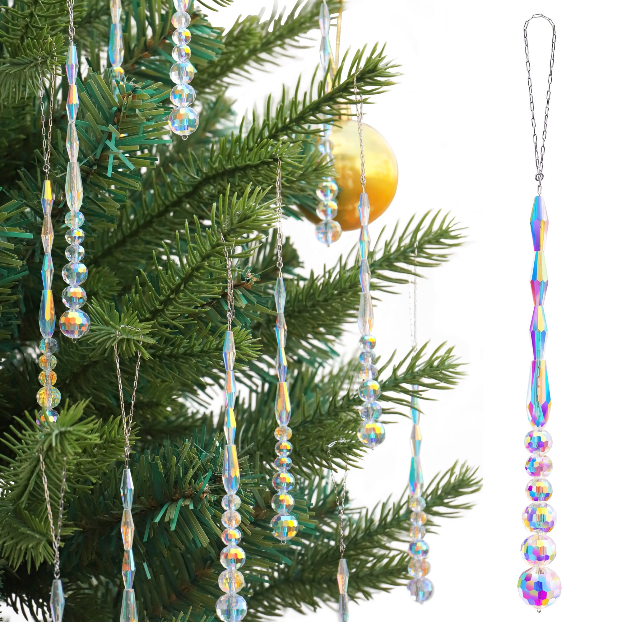 LUMITI 12pcs Crystal Icicle Christmas Tree Ornaments, Glass Beads Hanging Chandelier Pendants for Christmas Party Wedding Winter Decorations (Crystal AB)