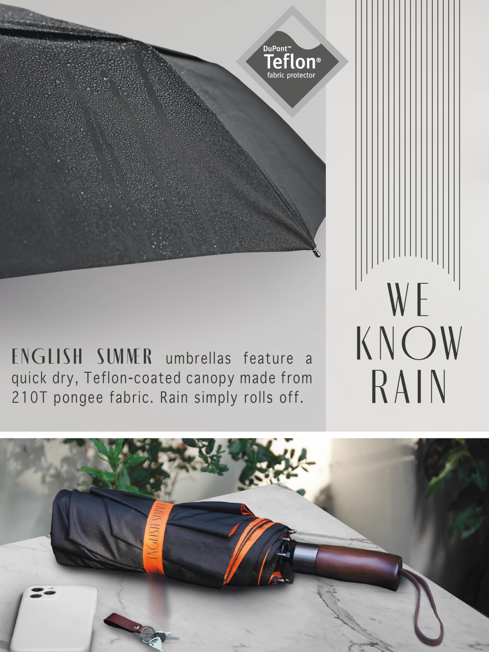 ENGLISH SUMMER Paraguas de lujo resistente al viento para la lluvia: fuerte, automático, doble ventilación, plegable portátil, toldo extragrande, calidad, mango de madera real