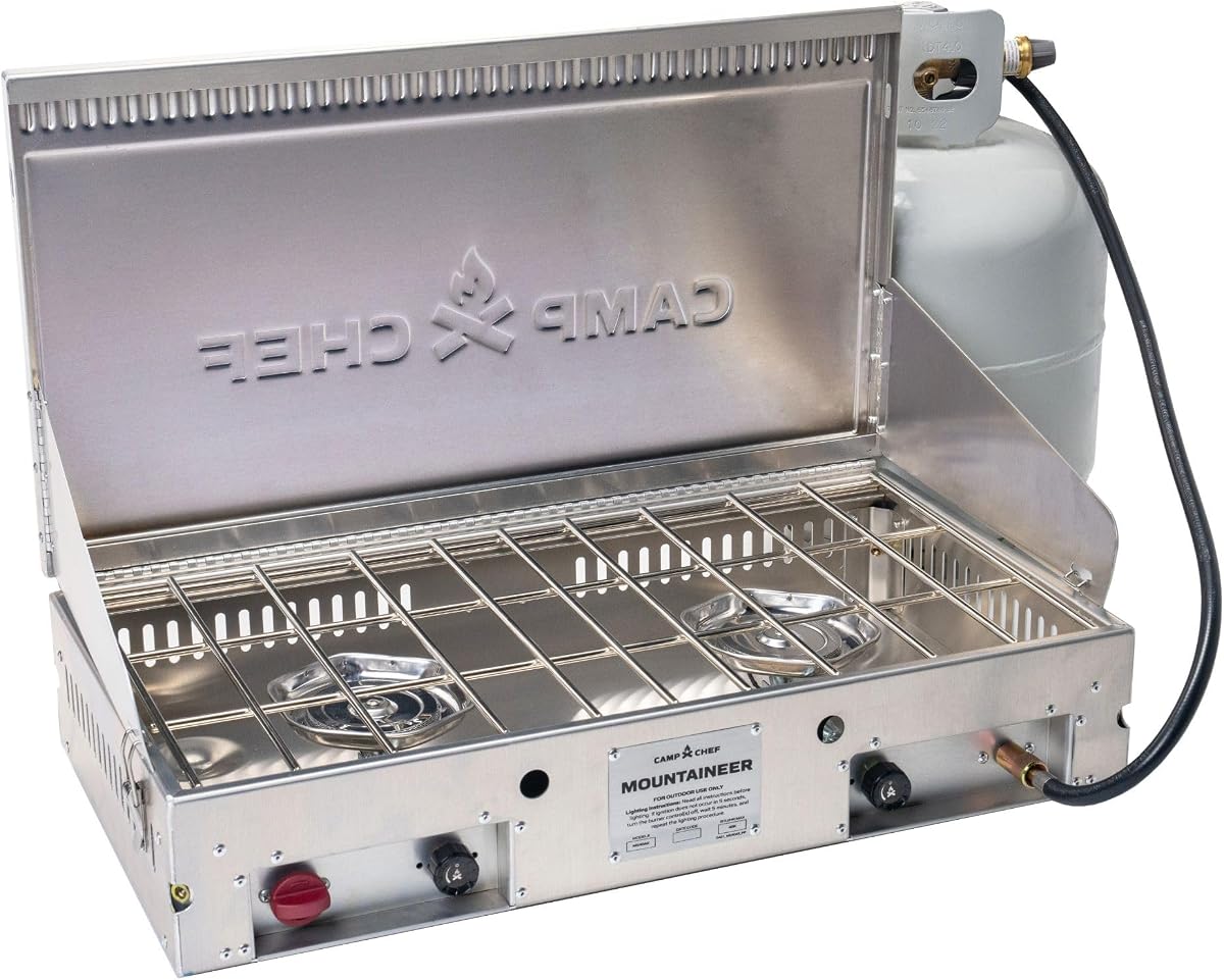 Mountaineer 2-Burner Camp Stove - Portable Aluminum Cooktop with 40,000 Total BTUs of Power, Wind Screen & Matchless Ignition