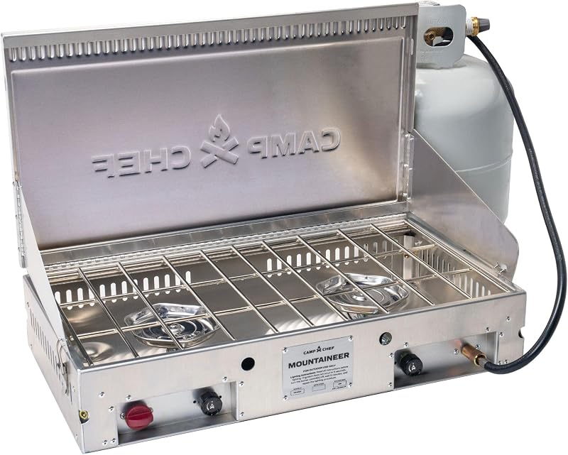 Mountaineer 2-Burner Camp Stove - Portable Aluminum Cooktop with 40,000 Total BTUs of Power, Wind Screen & Matchless Ignition