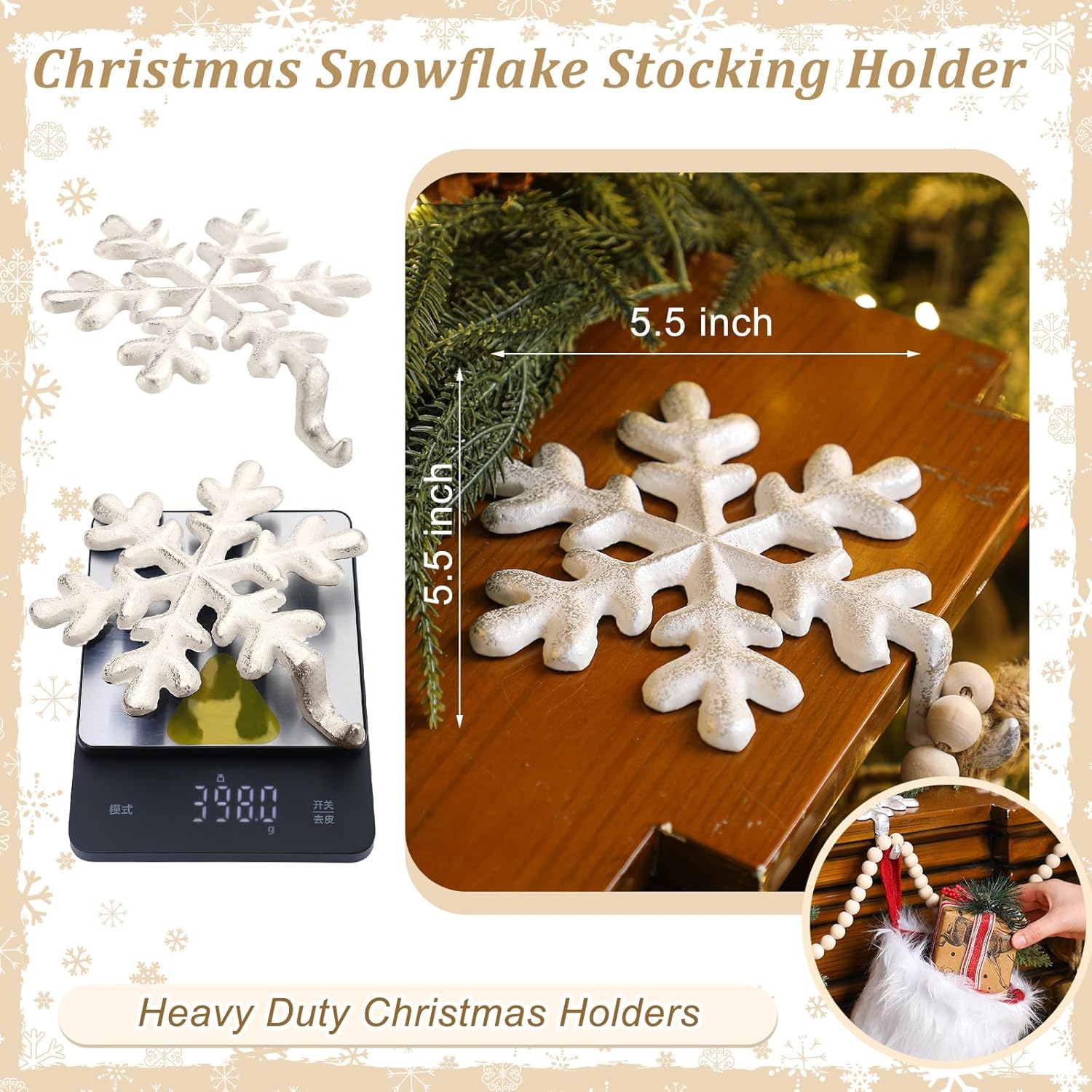 4 Pcs Christmas Stocking Holders Iron Mantel Weighted Hangers with Protective Pad Heavy Duty Xmas Hooks for Mantle Wrought Iron Stocking Holder for Fireplace Home Shelf(Snowflakes)